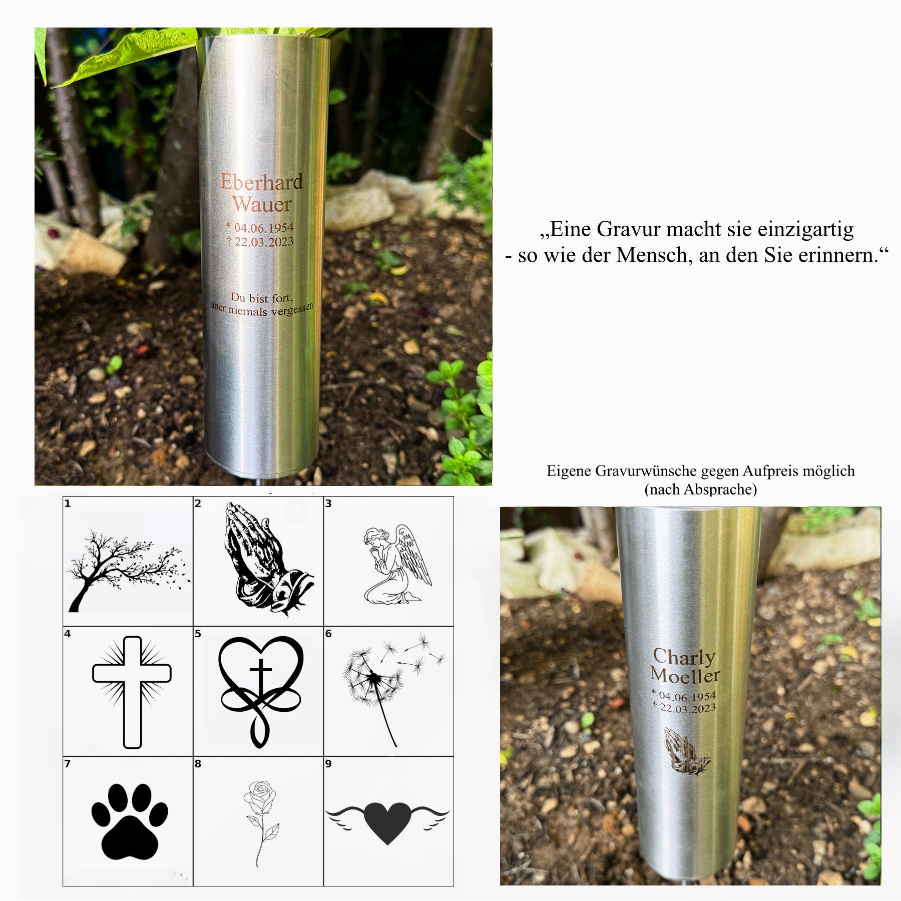 Grabvase Edelstahl massiv Wetterfest Friedhof Grabschmuck Blumenvase + Erdspieß von EwigStahl – Meier Metalltechnik