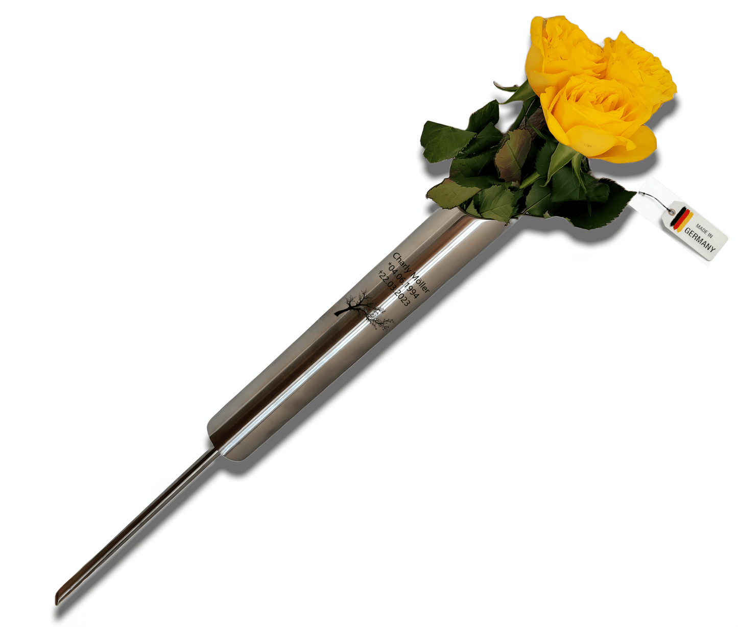 Grabvase Edelstahl massiv Wetterfest Friedhof Grabschmuck Blumenvase + Erdspieß von EwigStahl – Meier Metalltechnik