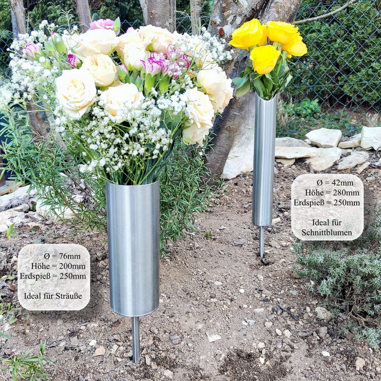 Grabvase Edelstahl massiv Wetterfest Friedhof Grabschmuck Blumenvase + Erdspieß von EwigStahl – Meier Metalltechnik