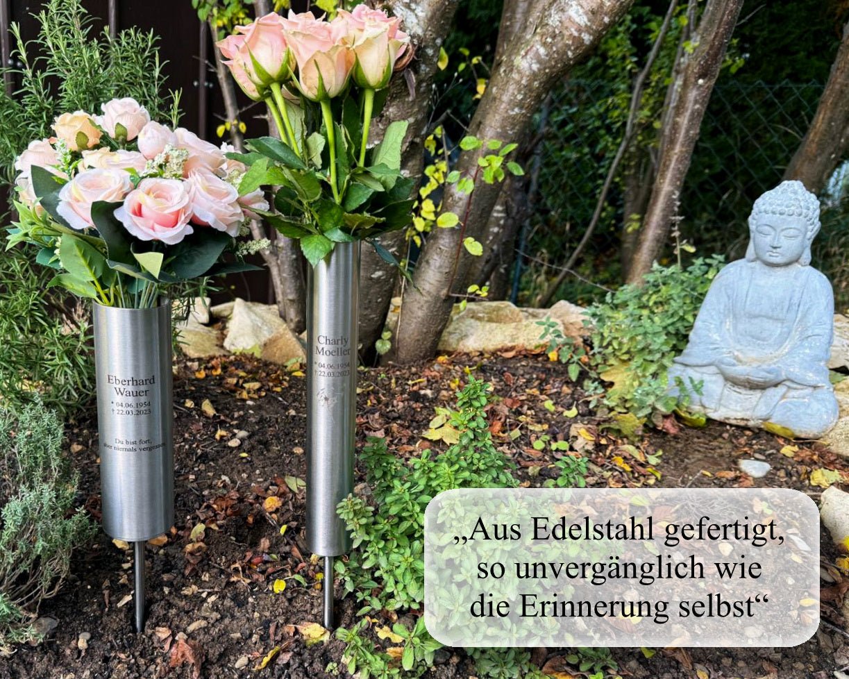 Grabvase Edelstahl massiv Wetterfest Friedhof Grabschmuck Blumenvase + Erdspieß von EwigStahl – Meier Metalltechnik