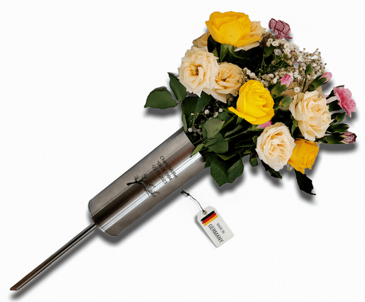 Grabvase Edelstahl massiv Wetterfest Friedhof Grabschmuck Blumenvase + Erdspieß von EwigStahl – Meier Metalltechnik