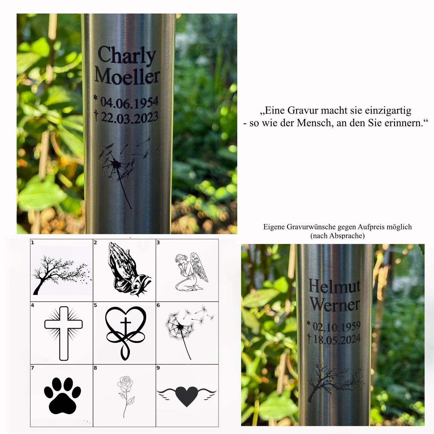 Grabvase Edelstahl massiv Wetterfest Friedhof Grabschmuck Blumenvase + Erdspieß von EwigStahl – Meier Metalltechnik